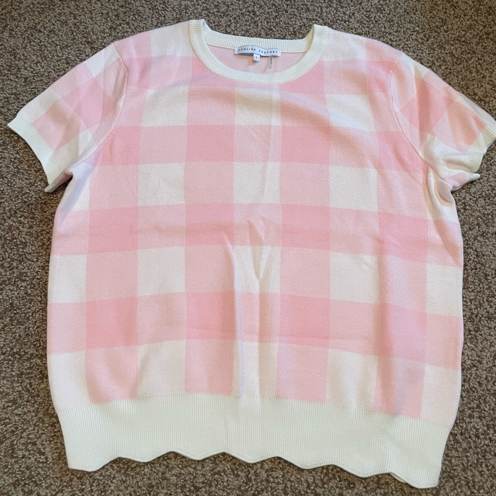 English Factory pink and white scalloped gingham top